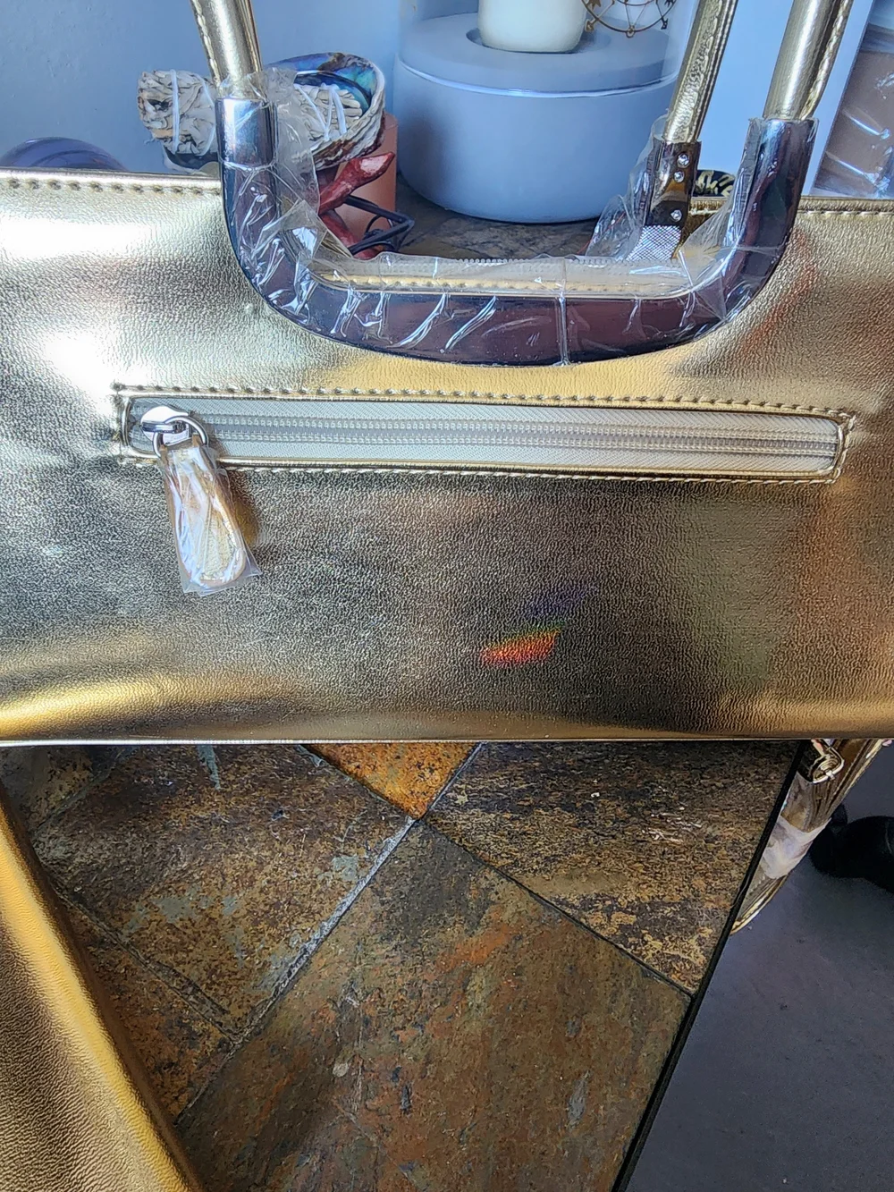 3 Pc Gold Metallic Structured Satchel Handbag with Matching Wallet